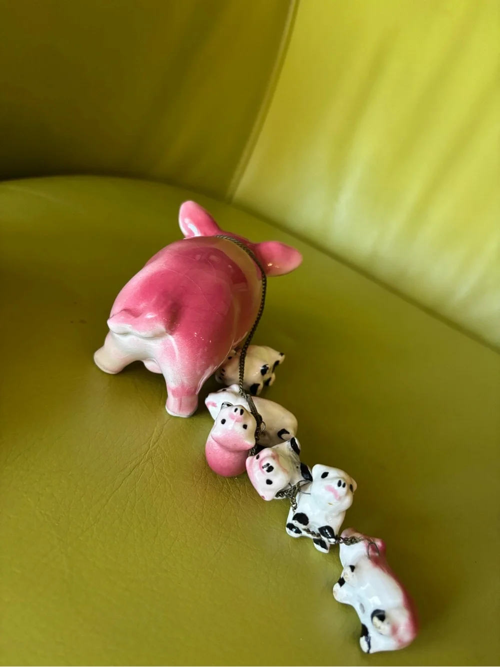 Vintage Porcelain Mama Pig & 7 Piglets on Chain Figurine Farm Animal Family